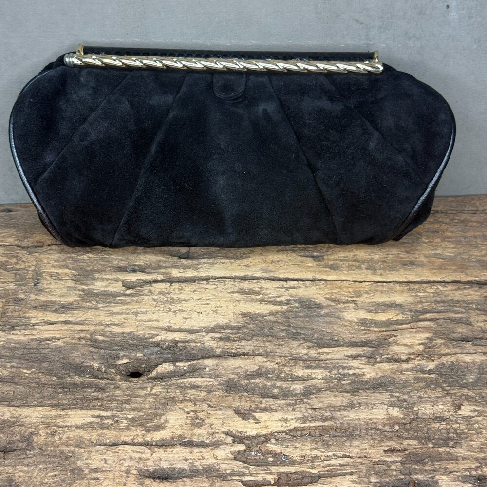 Vintage Sharif Suede Clutch Snakeskin Trim Gold Silver Twist Handle Bag